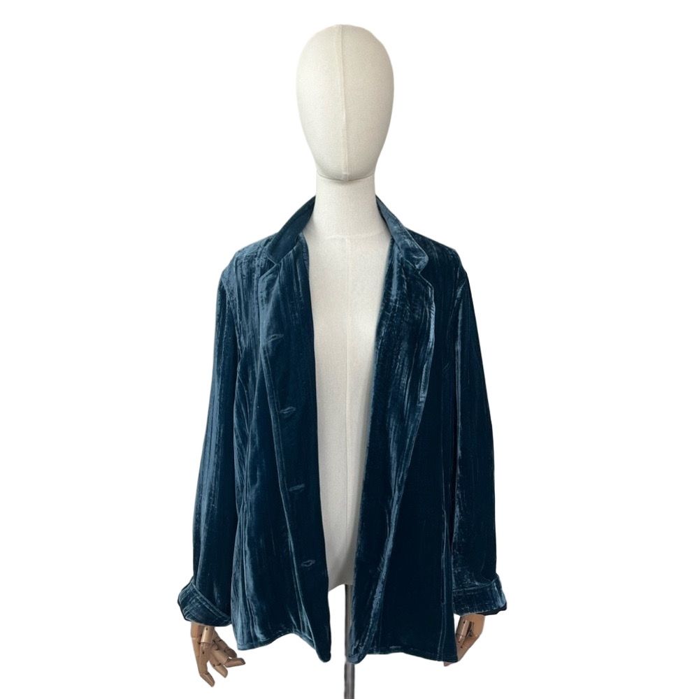 Chico’s Crushed Velvet Blazer Blue Silk Blend Jacket XL Luxury Holiday - Picture 8 of 15